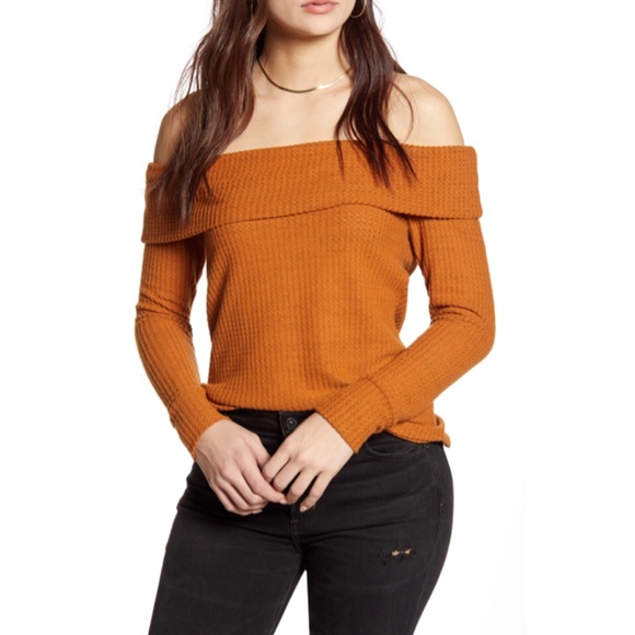 NWT BP Orange Off The Shoulder Knit Long Sleeve Top Size Small